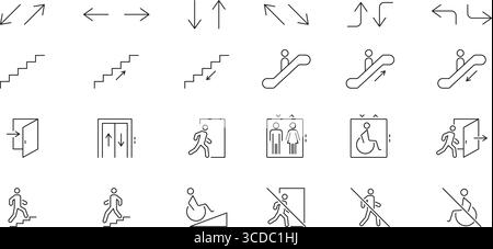 Richtungs- Und Barrierefreiheitssymbole Festgelegt. Sammlung von Symbolen für Navigation, Bewegung und Barrierefreiheit. Enthält Pfeile, Treppen, Rolltreppen. Bearbeitbar Stock Vektor