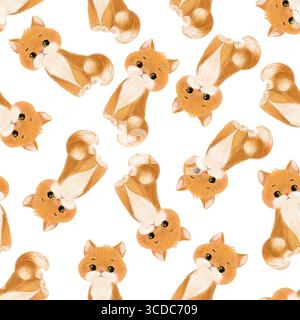 Nahtloses Aquarellmuster mit einer niedlichen Ingwerkatze in verschiedenen verspielten Posen. Handgemalt, perfekt für Textilien, Kindermotive und Haustier Stockfoto