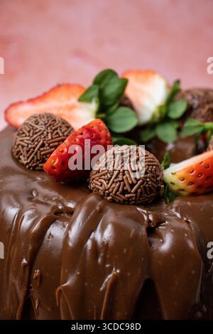 Ein dekadenter brasilianischer Brigadeiro-Schokoladenkuchen, gekrönt mit einem reichhaltigen Schokoladenfrosting, Schokoladenstreuseln, Stockfoto