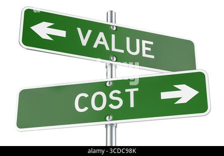 Grüne Richtungspfeile für Wert und Kosten, Straßenschilder. 3D-Rendering isoliert auf weißem Hintergrund Stockfoto