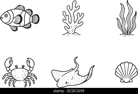 Linearkunst mit Meeresmotiven, mit einem Clownfisch, Korallenzweigen, Algen, Krabben, Schwimmrochen und Muscheln. Stock Vektor