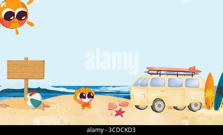 Eine fröhliche Karikatursonne scheint über einem Sandstrand mit einem Vintage-Wohnmobil, Surfbrettern und Strandball. Stockfoto