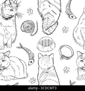 Nahtloses Vektormuster, Katzen und Katzen verschiedener Rassen, Siam, gestreift, Futterschalen, Halsbänder, Spielzeug. Alle Objekte werden mit Tinte handgezeichnet. Vektor Stock Vektor