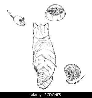 Flauschige Katze mit dem Rücken neben seiner Futterschale und Spielzeug, alle Objekte handgezeichnet in Tinte und in Vektor übersetzt. Abbildung zum Drucken in Stock Vektor