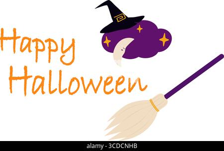 Happy Halloween Crescent auf Wolke mit Schriftzug mit Hexenhut und Besen Halloween Design-Elementen. Isolierte Vektor-Illustration Halloween thematisch Aufkleber Symbol verwandter Inhalt Grüße, Faltblatt, Beiträge Stock Vektor