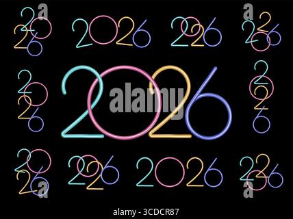 2026 Happy New Year Logo-Textdesign-Set. Stilvolle farbige Ziffern aus Metall Design für 2026 und Ziffern. Kollektion „Happy New Year“-Symbole. Vektorillust Stock Vektor