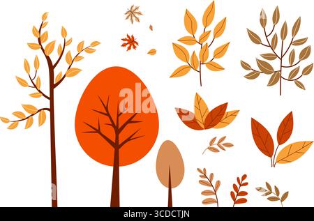 Herbst Natur. Bunte Bäume, Büsche, Äste und Blätter Sammlung. Isolierte saisonale Herbst-botanische Elemente auf weißem Hintergrund. Minimaler flacher STYLE Stock Vektor