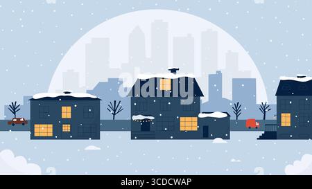 Winter Stadthäuser und ihre Hinterhöfe und Lichter in den Fenstern am Abend. Schneefall. Wolkenkratzer und Stadtstraße im Hintergrund. Winterbanner. Stock Vektor