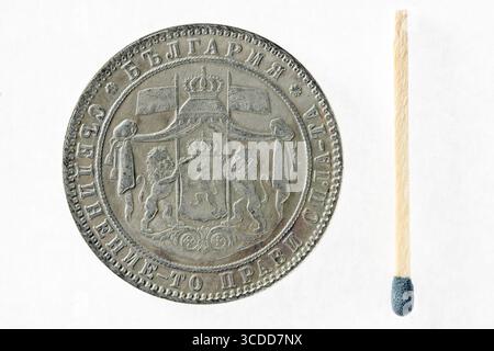 Bulgarische 5-Leva-Replik (1884) Silbermünze (Rückseite) Stockfoto