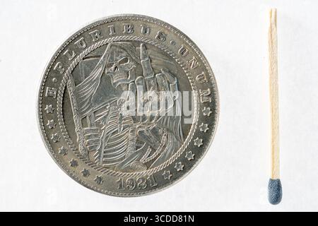 Hobo Morgan Dollar Replik, US Morgan Dollar (1921) Silbermünze (Vorderseite, Vorderseite) Stockfoto