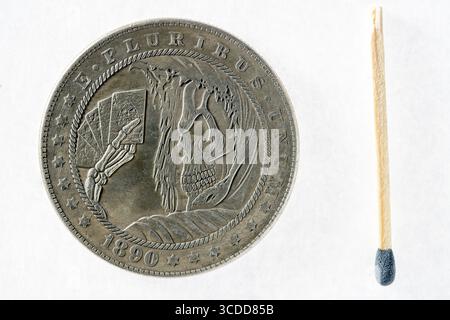 Hobo Morgan Dollar Replik, US Morgan Dollar (1890) Silbermünze (Vorderseite, Vorderseite) Stockfoto