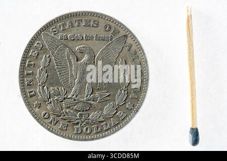 Hobo Morgan Dollar Replik, US Morgan Dollar (1890) Silbermünze (Rückseite) Stockfoto