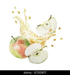 Äpfel ganz und Scheiben, Saftspritzer. Handgezeichnete Aquarellklammerkunst mit frischen und Reifen Früchten isoliert. Für Lebensmittelverpackungen und Menügestaltung. Poster Stock Vektor