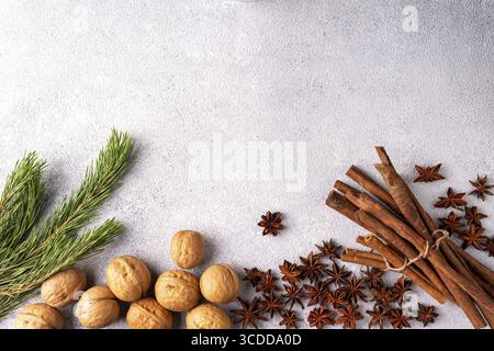 Zimtstäbchen Sternanisnüsse und Pinienzweige liegen auf grauem Gips Stockfoto