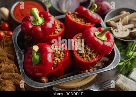 Süße rote Paprika gefüllt mit Fleisch und Tomaten in einem Vintage-Bratblech. Draufsicht, flach legen Stockfoto