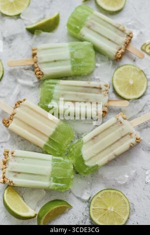 Hausgemachte Limetten- und Creme-Eis oder Eiswürfel auf grauer Steinkulisse. Flache Lage, Draufsicht Stockfoto