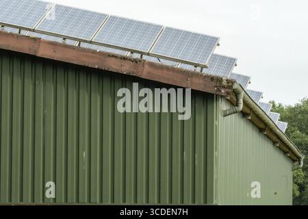 Reihen von Solarpaneelen sind auf einem grünen Metall-Scheunendach installiert, um erneuerbare Energie zu erzeugen Stockfoto