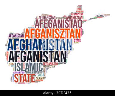 Afghanistan Country Shape Wortwolke. Typografie-Stil Länderdarstellung. Afghanistan-Bild im Text-Cloud-Stil. Vektorabbildung. Stock Vektor