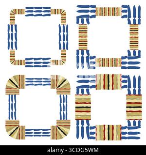 Abstrakte Handformen. Bunt gestreifte Ecken. Quadratische Tribal-Rahmen. Stock Vektor