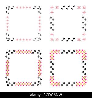 Wissenschaftlicher Atomrahmen. Pfoten-Druckrand. Abstraktes Mischmuster. Quadratische Vektordekoration. Stock Vektor