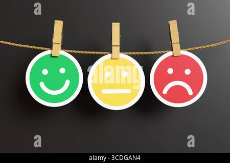 Kreisförmiges grünes Smile-Emoji, gelbes Strenge-Symbol und rotes Traurigkeitssymbol, das an Kleiderstiften an einem dünnen Seil auf schwarzem Hintergrund aufgehängt wird Stockfoto