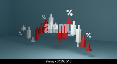 3D-Rendering eines roten und weißen Kerzendiagramms mit Prozentsymbolen, die Finanzmarktanalyse, Aktienhandel, Kryptowährung und Invest symbolisieren Stockfoto