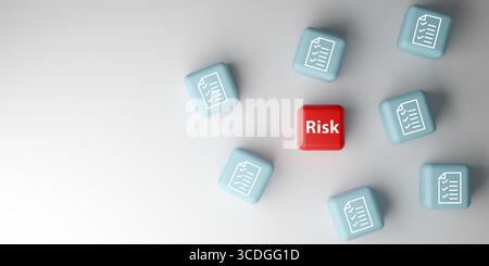 Management von Geschäftsrisiken, Einhaltung gesetzlicher Vorschriften und Identifizieren potenzieller Gefahren.3D-Darstellung eines roten Würfels mit der Kennzeichnung Risiko unter blauen Würfeln mit Dokumen Stockfoto