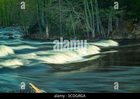 Eine lange Aufnahme des rauschenden Wassers des Kymijoki-Flusses Pernoonkosket, die einen seidenweichen Effekt erzeugt, während es über untergetauchte Felsen fließt Stockfoto