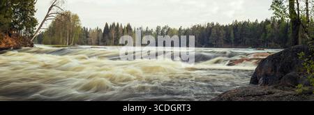 Eine weite Panoramaaufnahme des Kymijoki-Flusses, Pernoonkosket, mit mächtigen Stromschnellen, die zwischen felsigen Küsten und der Kulisse eines dichten Waldes fließen. Stockfoto