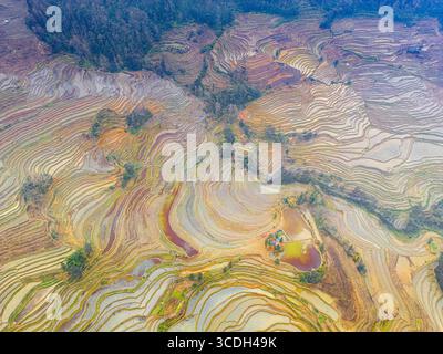Sonnenaufgang über Yuanyang Reisterrassen in Yunnan, China, einer der neuesten UNESCO-Weltkulturerbestätten, Hintergrundbild Luftbild Stockfoto