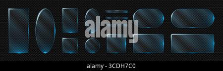 Futuristische Glasrahmenkollektion mit blauem Neonlicht. Transparente Quadrate Kreise Rechtecke und Achtecke für technische Banner, UI-Vorlagen und -Modus Stock Vektor
