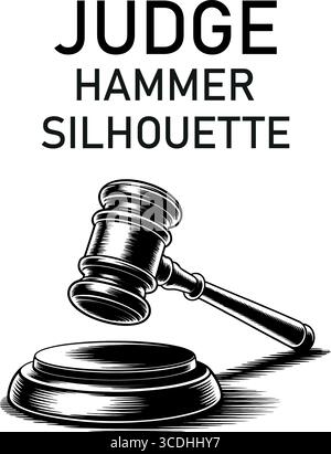 Ein Streik-Hammer, der über einem soliden Block steht, symbolisiert rechtliche Autorität und Fairness vor Gericht Stock Vektor