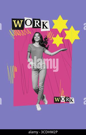 Poster-Bildcollage einer Person zeigt Sterne unter Arbeitsarbeit mit Sternen auf violettem Hintergrund Stockfoto