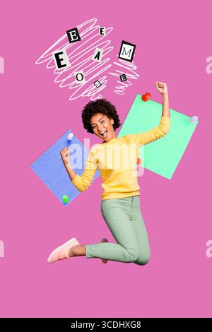 Bild Pop Collage von Person Sprung Gewinn mit unordentlichen Linien Buchstaben auf rosa Hintergrund Stockfoto