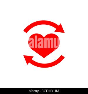 Rotes Herz mit kreisförmigen Pfeilen, symbolisiert Beziehungszyklus, Liebeserneuerung und emotionalen Austausch. Stock Vektor