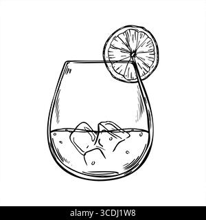 Trinken Sie mit Eis und Zitronenscheibe monochrome Vektor-Illustration. Kalter Cocktail, Bourbon oder Brandy in Glasätzzeichnung. Zitruseiswasser Stock Vektor