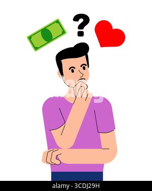 Ein nachdenklicher Mann, der zwischen Herz und Geld entscheidet. Symbolisiert Dilemma, Wahlmöglichkeiten, Beziehung vs. Finanzen und Entscheidungsfindung. Perfekt für Liebe oder Geschäfte Stock Vektor