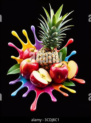 Frische Früchte auf buntem Spritzer isoliert auf schwarzem Hintergrund Stockfoto