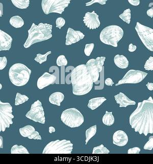 Verschiedene Muscheln verstreut auf tiefblauem Hintergrund in nahtloser Anordnung, handgezeichnete Strichgrafik-Illustration in schwarzer Tinte, perfekt für Marine Stock Vektor