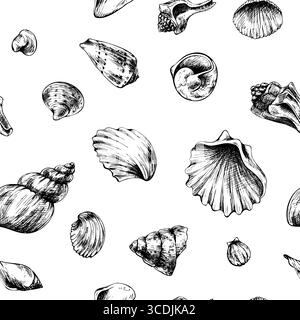 Minimalistisches nahtloses Muster mit verschiedenen Muscheln in monochromer, handgezeichneter Strichgrafik-Illustration in schwarzer Tinte, perfekt für Textilien mit maritimem Thema Stock Vektor