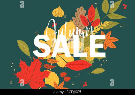 Helle Herbstblätter mit VERKAUFSBUCHSTABEN auf dunkelgrünem Hintergrund. Saisonale Zusammensetzung für Werbeaktionen, Rabatte oder Herbstmarketing-Design. Stock Vektor