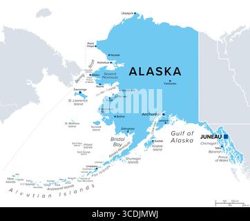 Bundesstaat Alaska, Teil des Westens der Vereinigten Staaten, politische Karte, mit Hauptstadt Juneau und den größten Städten und Städten. Stockfoto
