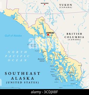 Südost-Alaska, auch Alaska Panhandle genannt, politische Karte. Region und südöstlicher Teil des US-Bundesstaates Alaska im Nordpazifik. Stockfoto