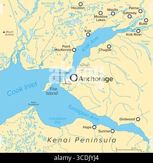 Ankerplatz und Umgebung, politische Karte. Die Gemeinde Anchorage ist die bevölkerungsreichste Stadt im US-Bundesstaat Alaska. Stockfoto