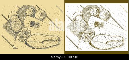 Diese handgezeichnete Vektor-Illustration zeigt ein frisches Fischfilet auf einem Schneidebrett, garniert mit Zitronenscheiben, Zwiebelringen, Knoblauch und Pfeffer. Die Stock Vektor
