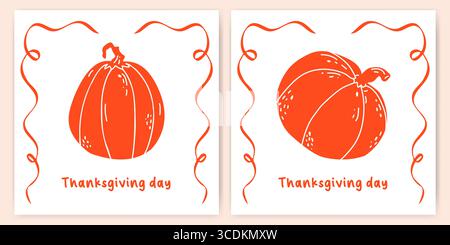 Sammlung von Thanksgiving-Vorlagen mit handgezeichneten Kürbissen und einem Rahmen. Niedliches Design für Postkarten, Einladungen, Notizblöcke und Aufkleber. Herbstgrußkonzept, Familienurlaub. Minimalistisches Design. Stock Vektor