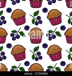 Nahtloses Vektormuster von köstlichen Schokoladen-Muffins und Heidelbeeren, eine entzückende Illustration für Bäckerei-Branding oder süßes Lebensmittelverpackungsdesign. Stock Vektor