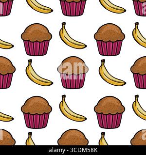 Nahtloses Vektormuster mit handgezeichneten Illustrationen von Schokoladenmuffins und Reifen Bananen, die ein verspieltes und appetitliches Design schaffen, ideal für B Stock Vektor