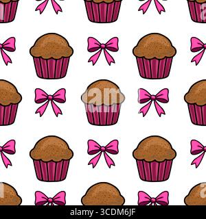Nahtloses Vektormuster mit bezaubernden Schokoladenmuffins und rosa Schleifen, die ein entzückendes und süßes Süßwarendesign schaffen, das perfekt für die Verpackung ist Stock Vektor