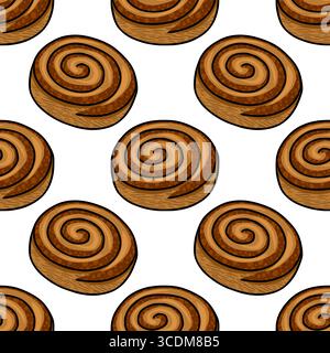 Nahtloses Vektormuster von handgezeichneten Zimtrollen mit strukturierter Oberfläche und Brauntönen, wodurch ein köstliches und appetitliches Bäckereidesign entsteht. Stock Vektor